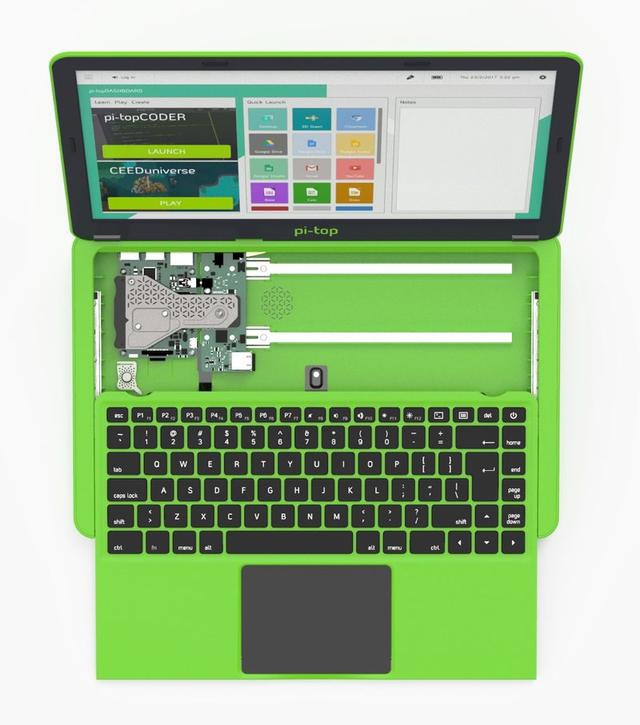 pi-top [3] with keyboard slid forward showing the internal rail and hub